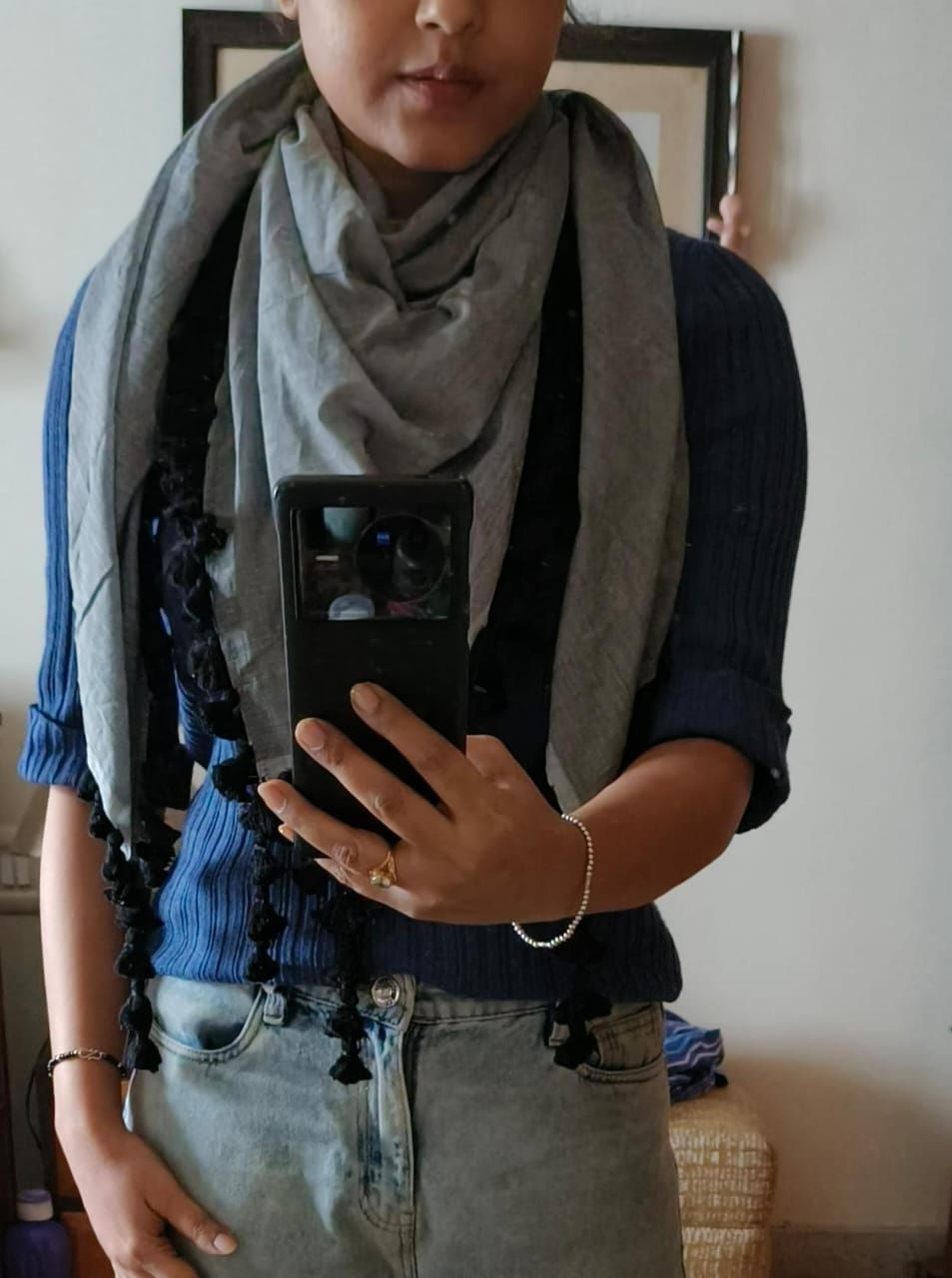 cotton square scarf with pompom